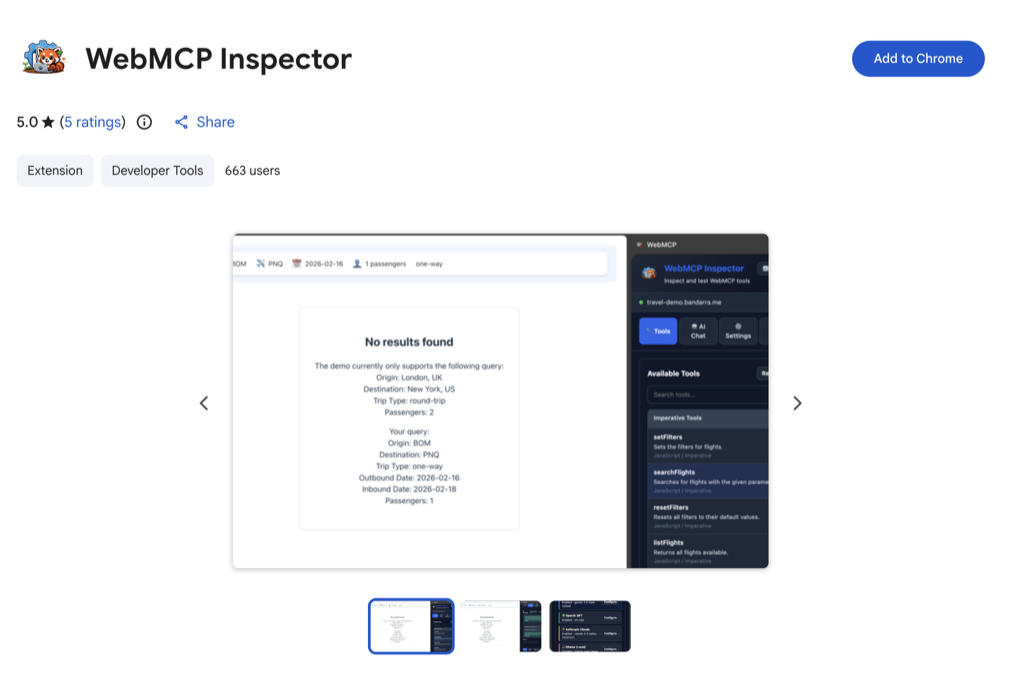 WebMCP Inspector Chrome extension listing on the Chrome Web Store, showing the DevTools panel with a list of registered WebMCP tools